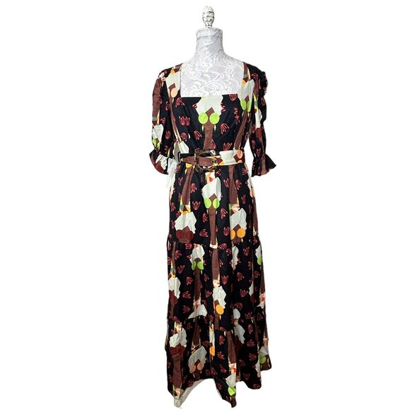 Hutch Modcloth Lets Go Boho Tiered Maxi Dress Brown Black Belted Women's 4 NWT - Picture 1 of 13